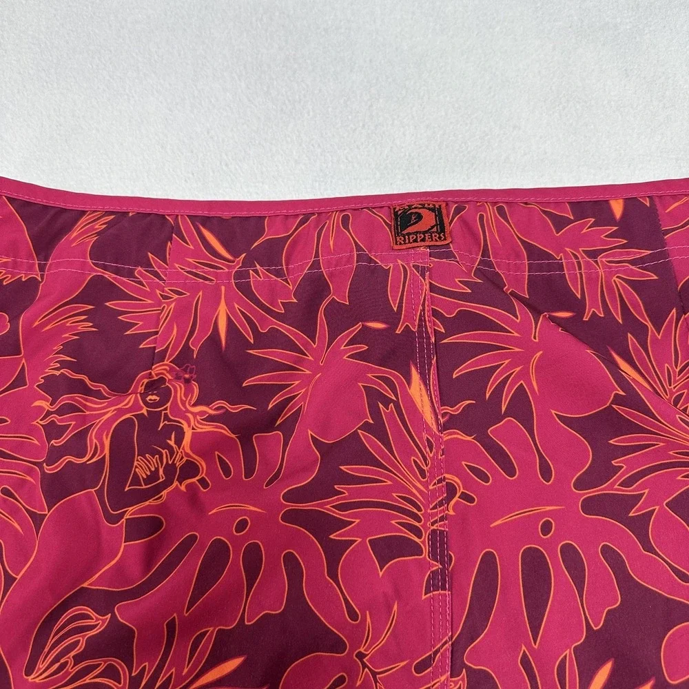 Maui Rippers Board Shorts Mens 32 Red Hawaiian Mermaid Floral Swim Tropical